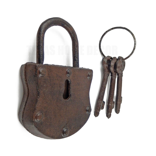 Iron Padlock With 3 Jailers Skeleton Keys On A Ring Decorative Antique Style