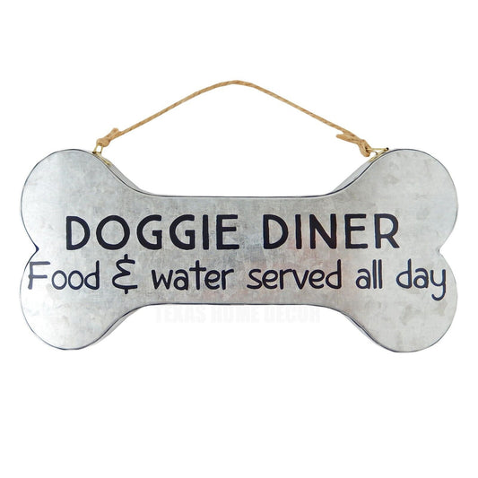 Doggie Diner Bone Sign Galvanized Metal Wall Decor Food & Water Served All Day