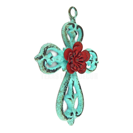 Small Fleur De Lis Red Flower Wall Cross Cast Iron Rustic Turquoise Finish 6.25"