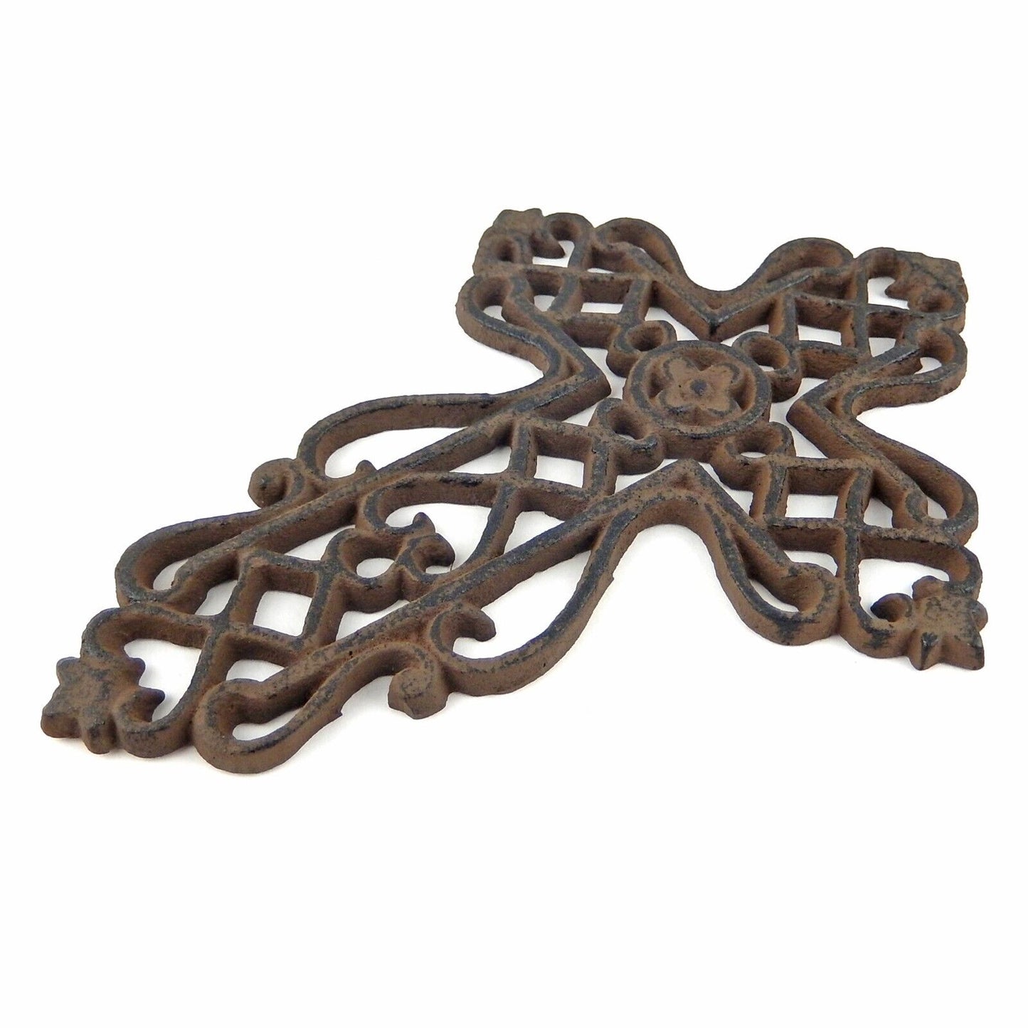 Rustic Lattice Ornate Cast Iron Wall Cross Antique Style Brown Finish 7 x 5 inch