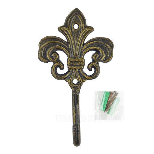 Fleur De Lis Wall Hook Cast Iron Key Towel Coat Hanger Rustic Gold Finish