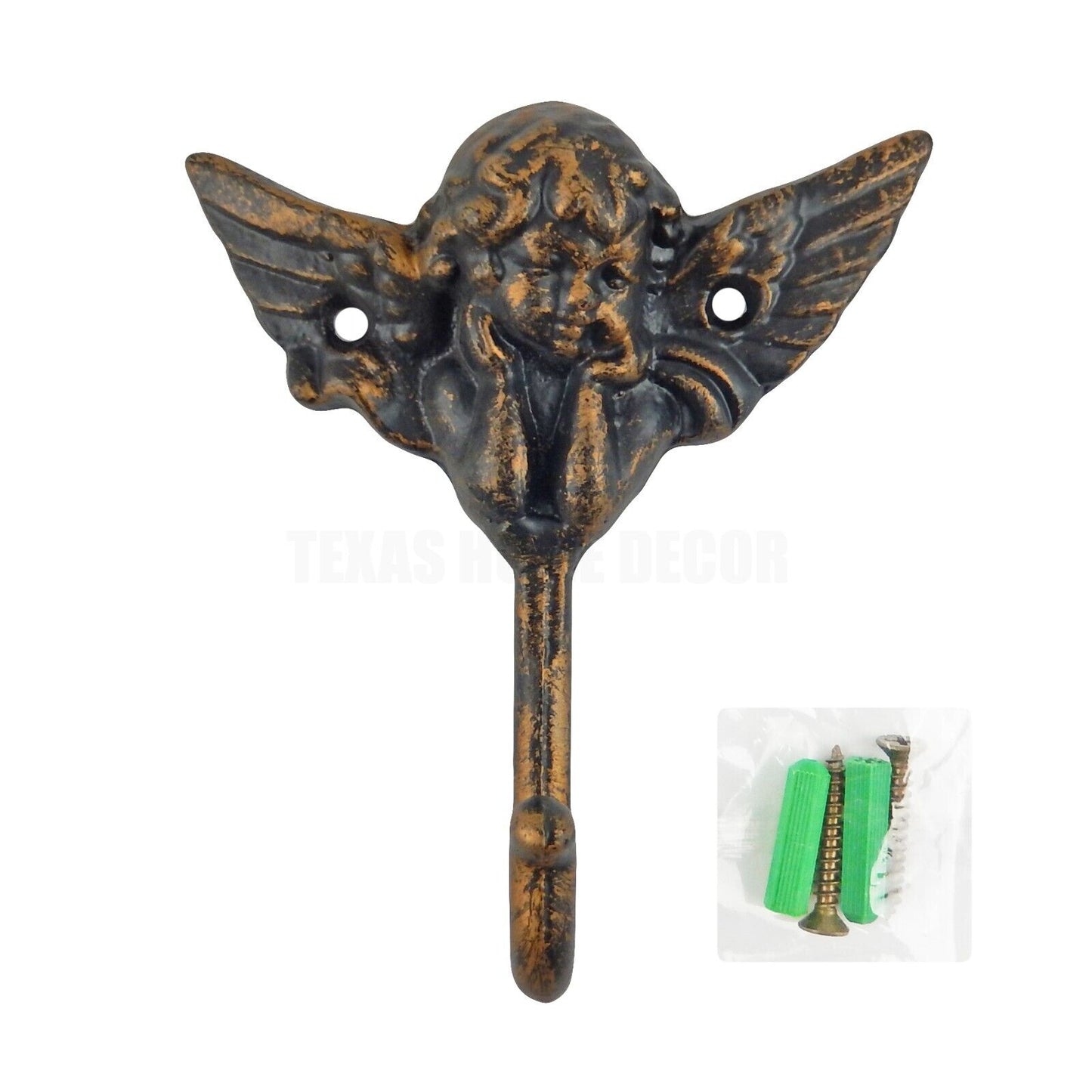 Metal Angel Cherub Wall Hook Cast Iron Key Towel Coat Hanger Rustic Gold Finish