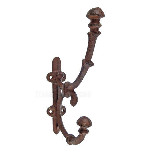 Cast Iron Fancy Vines Double Wall Hook Coat Towel Hanger Rustic Brown