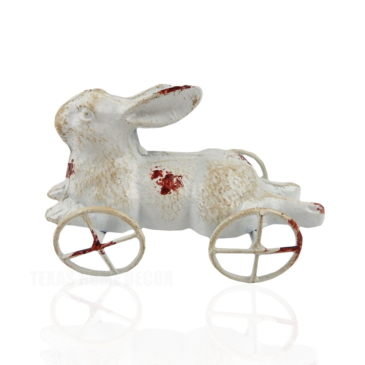 Cast Iron Bunny Rabbit Pull Toy On Wheels Decorative Figurine Antique White