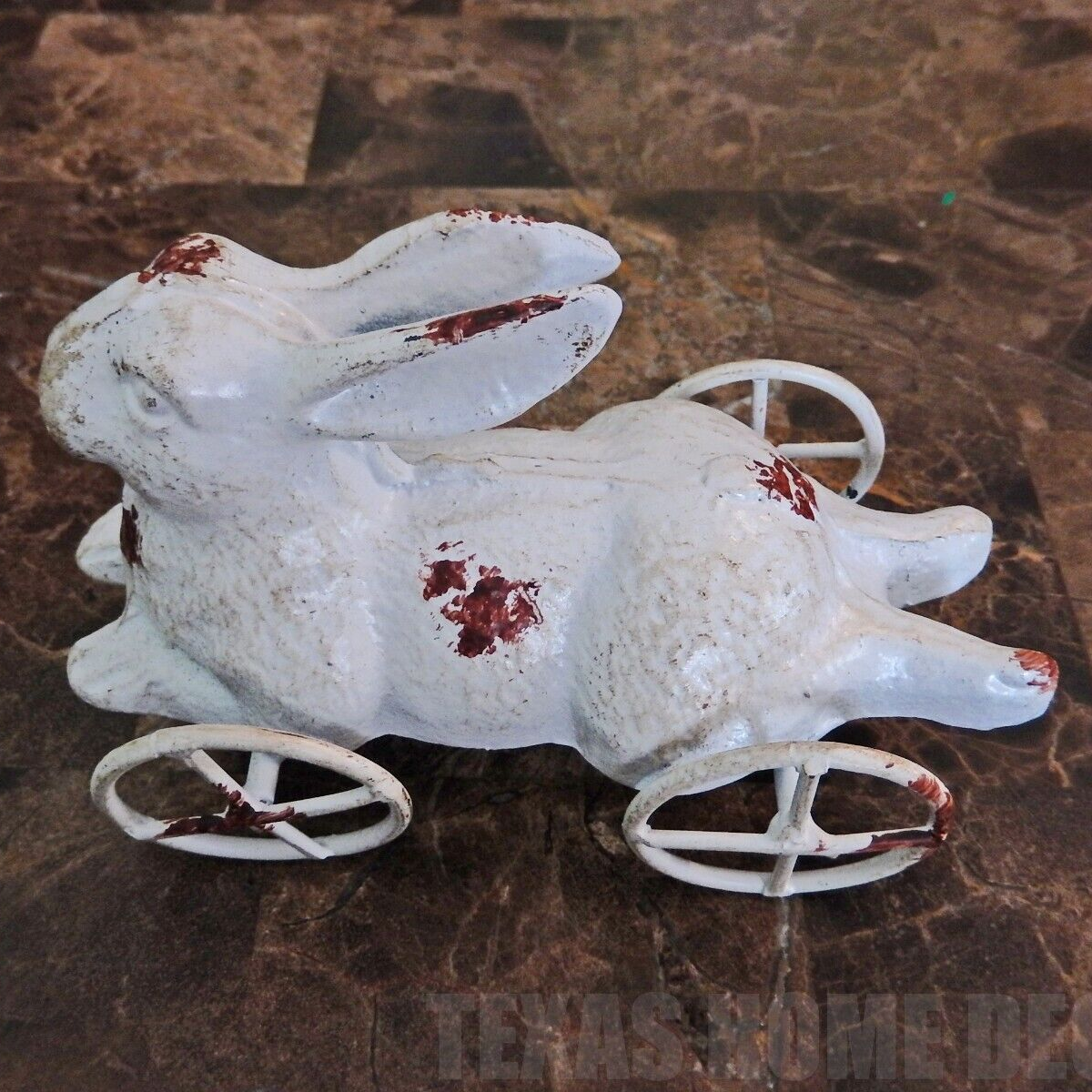 Cast Iron Bunny Rabbit Pull Toy On Wheels Decorative Figurine Antique White