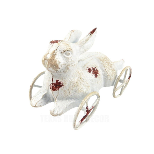 Cast Iron Bunny Rabbit Pull Toy On Wheels Decorative Figurine Antique White