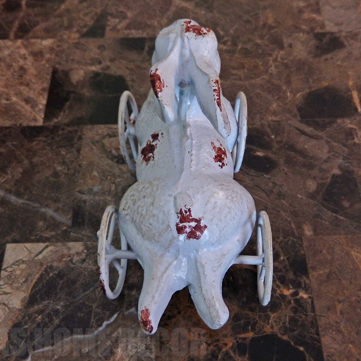 Cast Iron Bunny Rabbit Pull Toy On Wheels Decorative Figurine Antique White