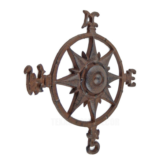 Nautical Star Rose Compass Cast Iron Beach House Wall Decor Rustic Brown