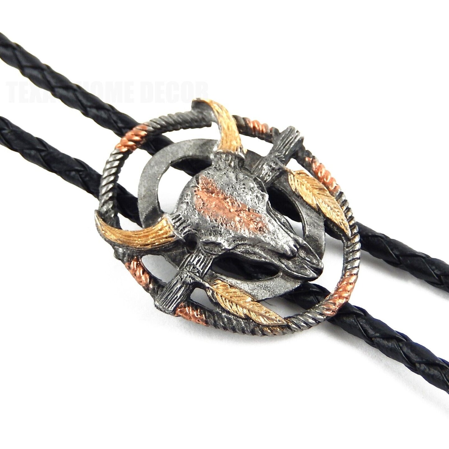 Steer Cow Skull Feathers Bolo Tie Black 36 in Braided Cord Tricolor Made in USA