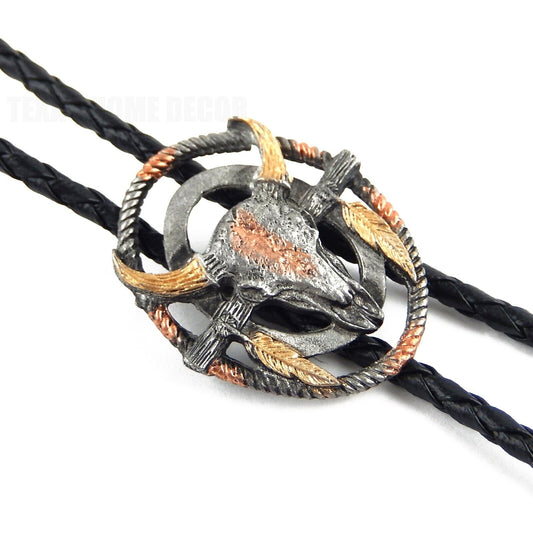 Steer Cow Skull Feathers Bolo Tie Black 36 in Braided Cord Tricolor Made in USA