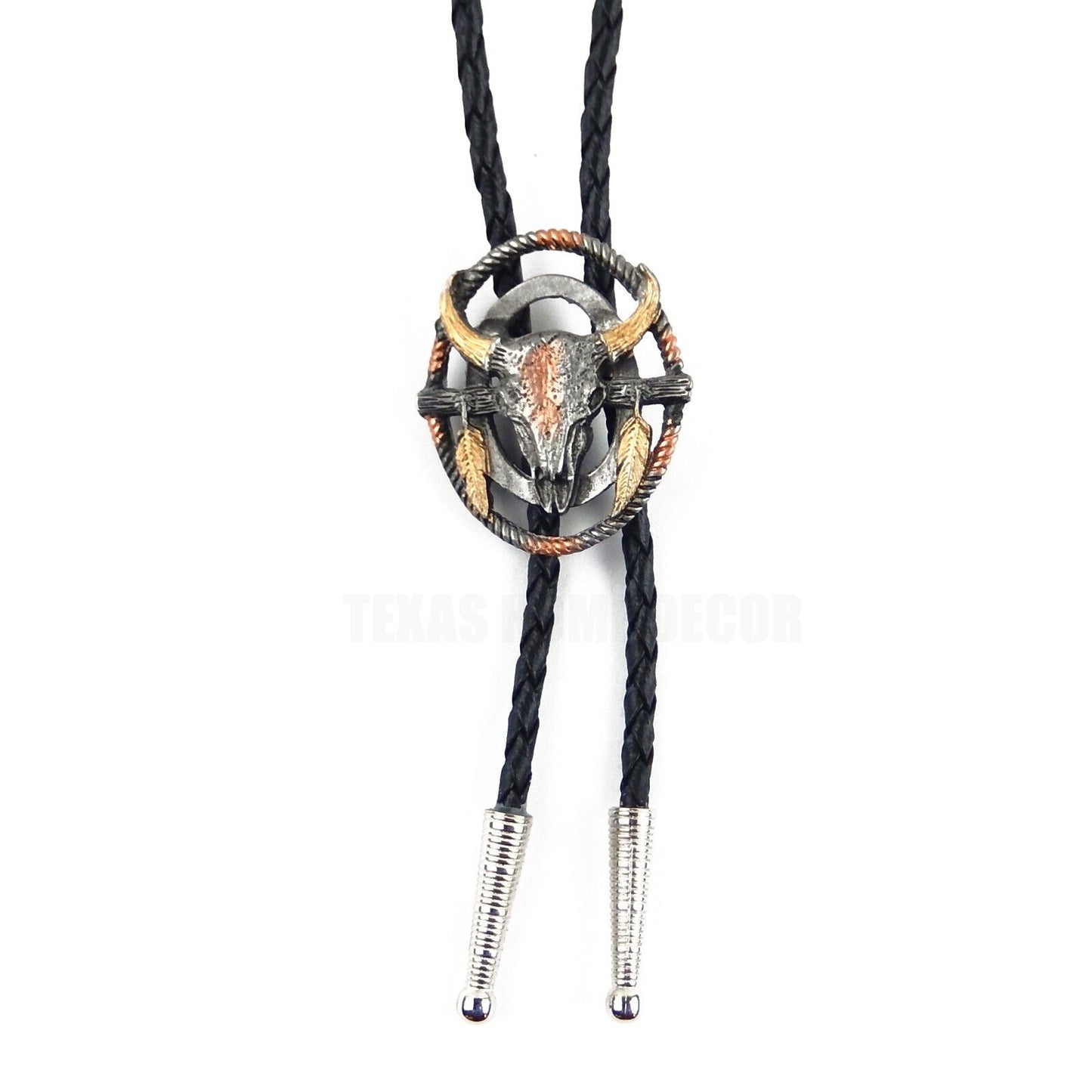 Steer Cow Skull Feathers Bolo Tie Black 36 in Braided Cord Tricolor Made in USA