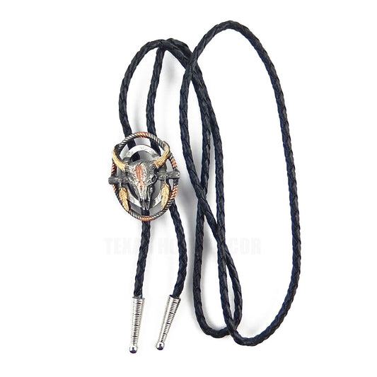 Steer Cow Skull Feathers Bolo Tie Black 36 in Braided Cord Tricolor Made in USA