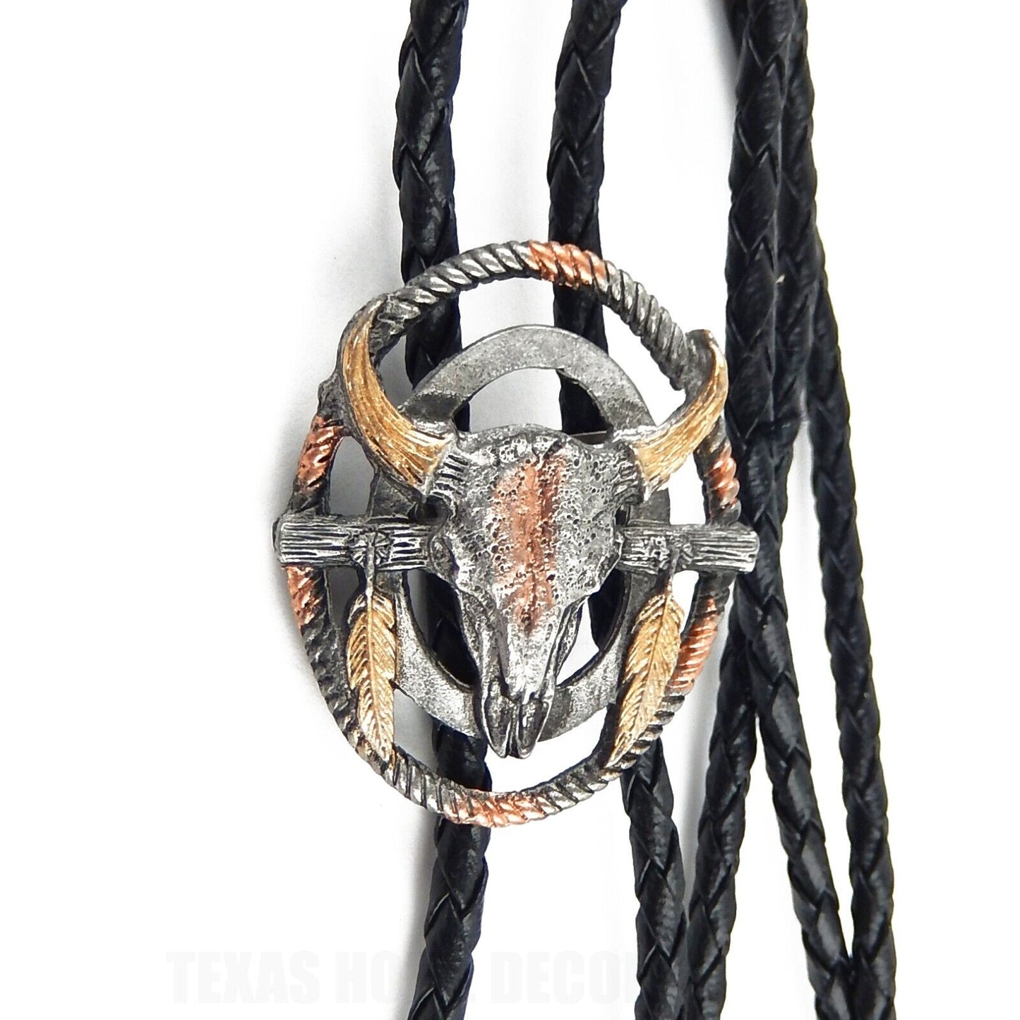 Steer Cow Skull Feathers Bolo Tie Black 36 in Braided Cord Tricolor Made in USA