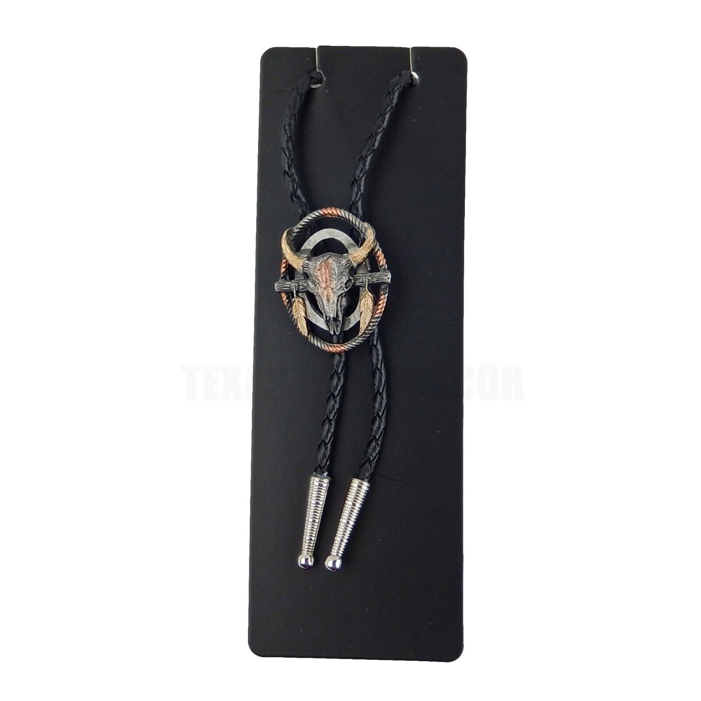 Steer Cow Skull Feathers Bolo Tie Black 36 in Braided Cord Tricolor Made in USA
