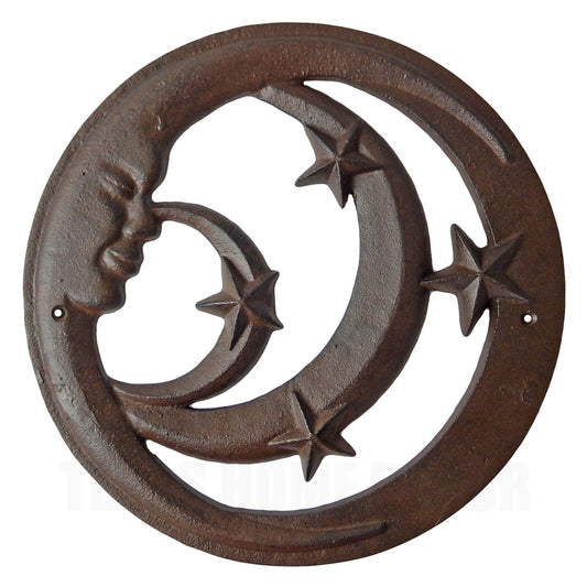 Moon Face Stars Wall Decor Heavy Duty Cast Iron Rustic Brown 11 3/4 inch