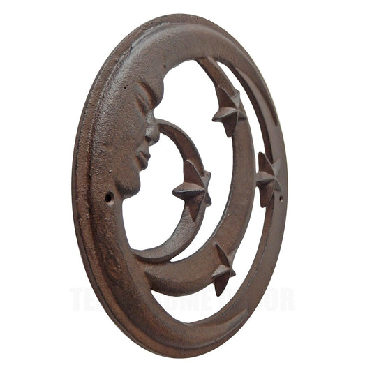 Moon Face Stars Wall Decor Heavy Duty Cast Iron Rustic Brown 11 3/4 inch