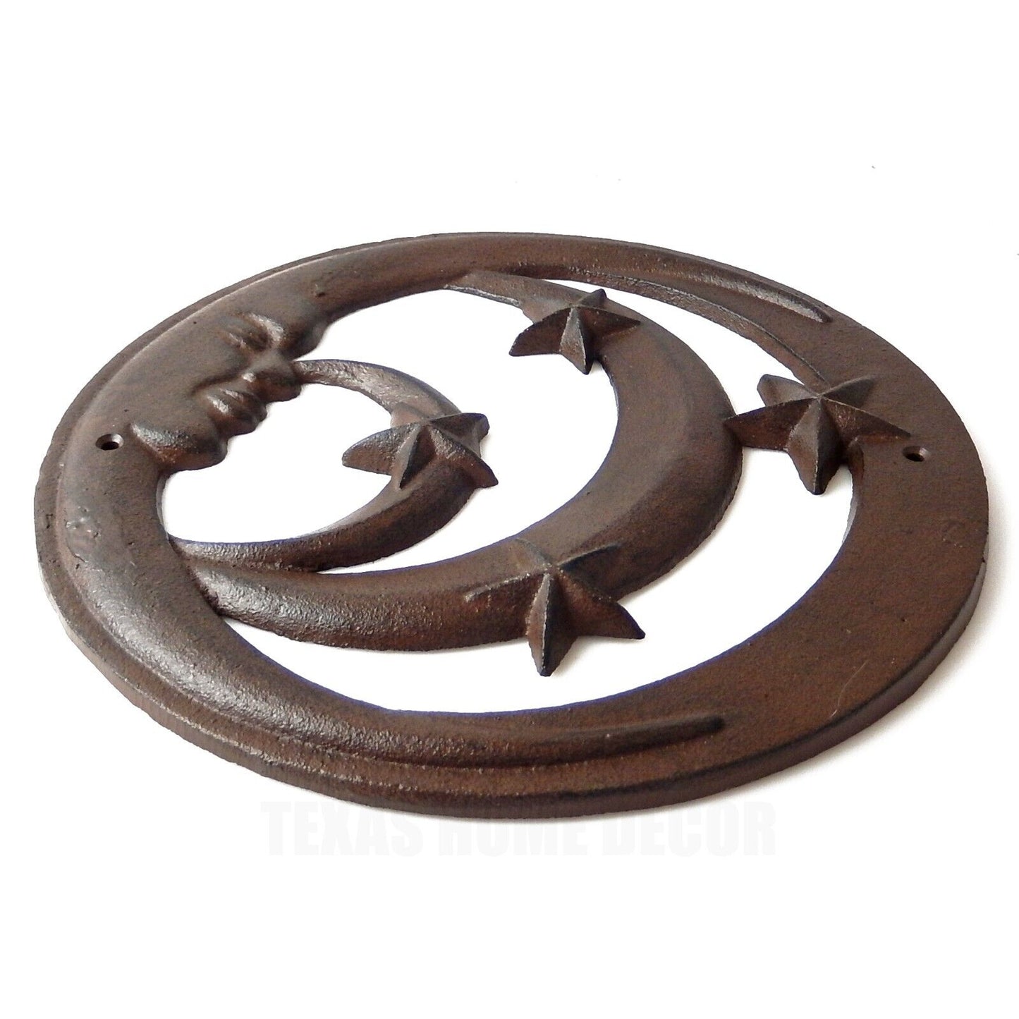 Moon Face Stars Wall Decor Heavy Duty Cast Iron Rustic Brown 11 3/4 inch