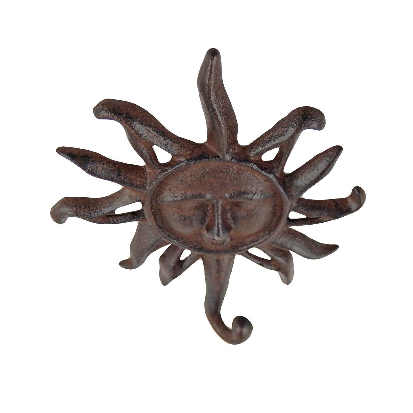 Sun Face With Rays Wall Hook Cast Iron Key Towel Coat Hanger Rustic Brown