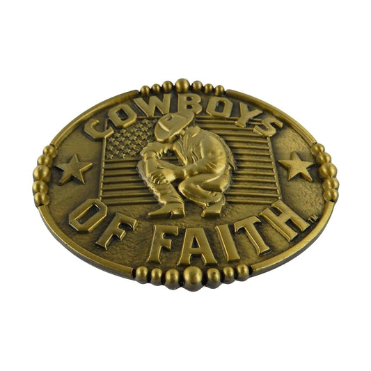 Oval Cowboy Kneeling American Flag Faith Belt Buckle Antique Bronze