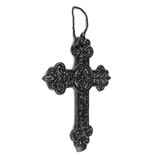 Small Cast Iron Fleur De Lis Vines Wall Cross Hanging Rope Glossy Black 5 1/2 in