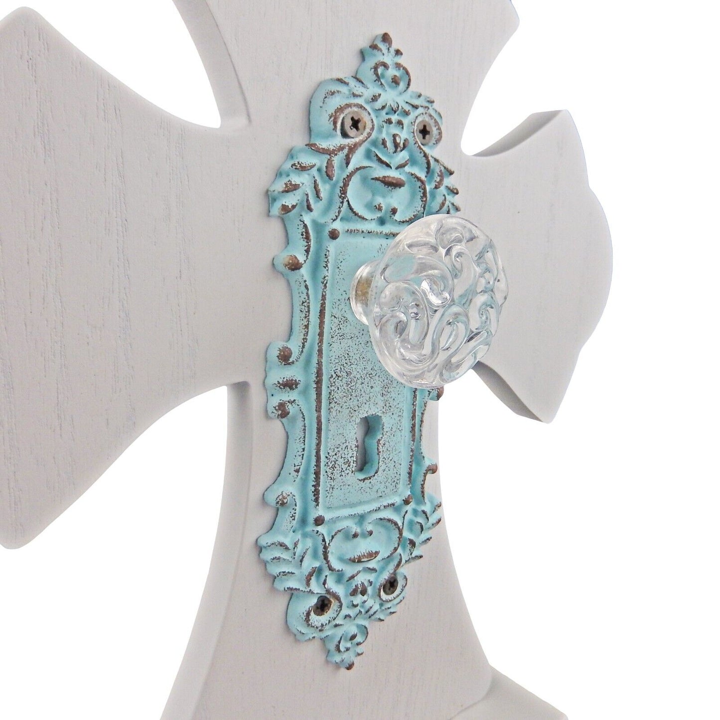 MDF Standing Table Cross With Keepsake Drawer Light Blue Door Plate Knob Accent