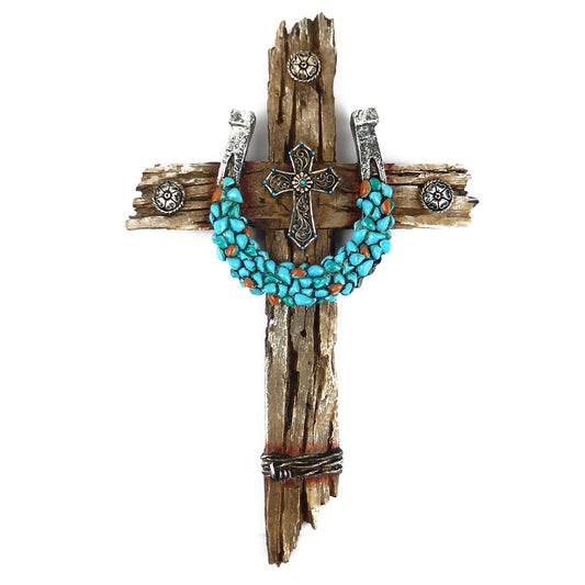 Turquoise Horseshoe Wall Cross Layered Rustic Faux Weathered Wood Conchos 12.5"