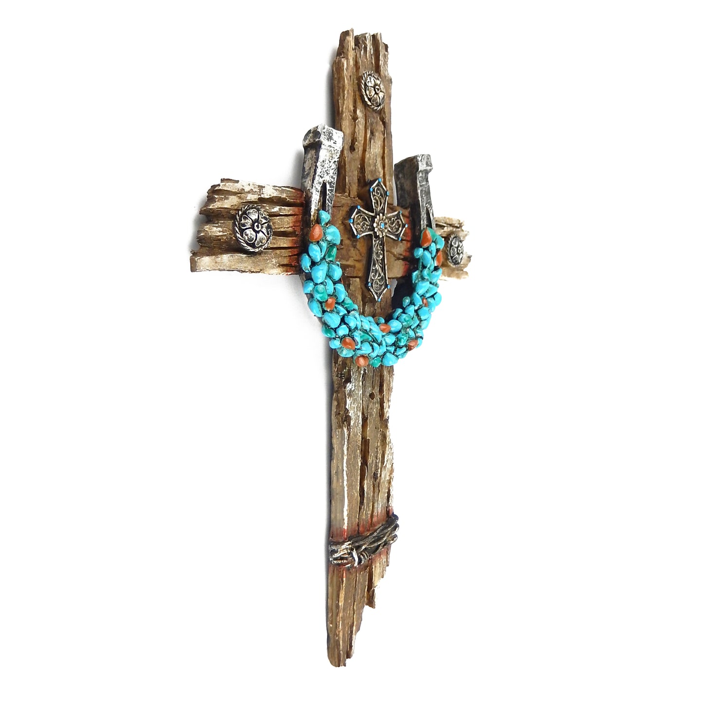 Turquoise Horseshoe Wall Cross Layered Rustic Faux Weathered Wood Conchos 12.5"
