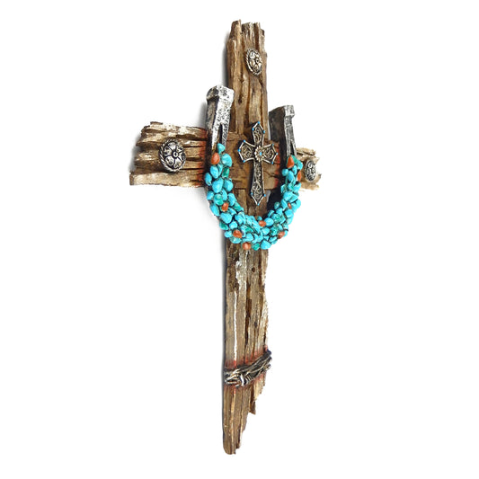 Turquoise Horseshoe Wall Cross Layered Rustic Faux Weathered Wood Conchos 12.5"