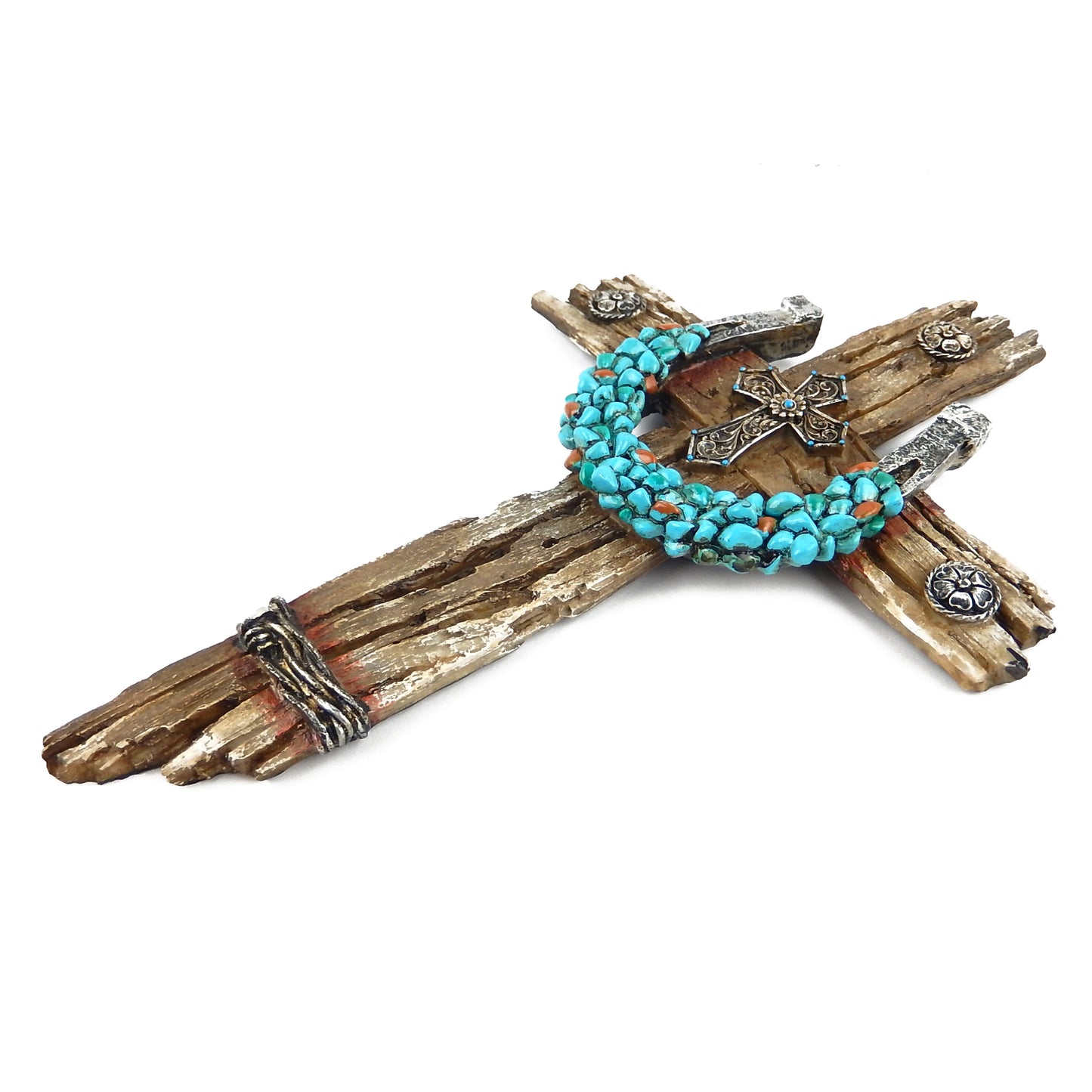 Turquoise Horseshoe Wall Cross Layered Rustic Faux Weathered Wood Conchos 12.5"