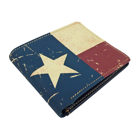 Texas Flag Star Western Bi-Fold Men's Wallet Genuine Navy Leather Weathered