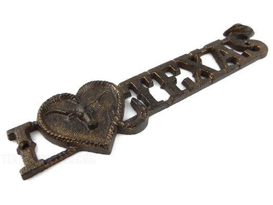 Love Texas Cast Iron Sign Heart Longhorn Horseshoe Western Wall Plaque 11.5"