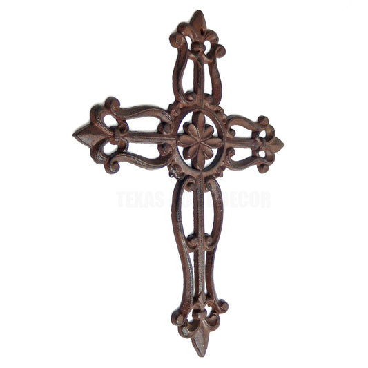 Fleur De Lis Cast Iron Wall Cross Center Flower Scrolls Design Victorian Decor
