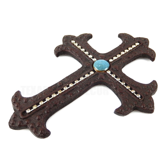Turquoise Cast Iron Wall Cross Rhinestone Inlay Fleur De Lis Old World Style