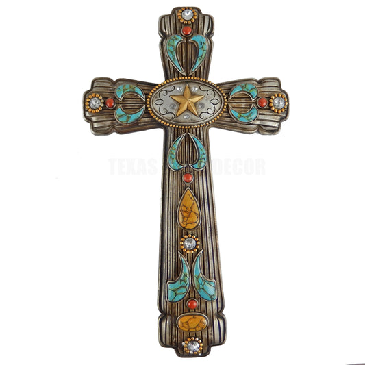 Turquoise Golden Star Decorative Wall Cross Rhinestones Silver Accents Yellow