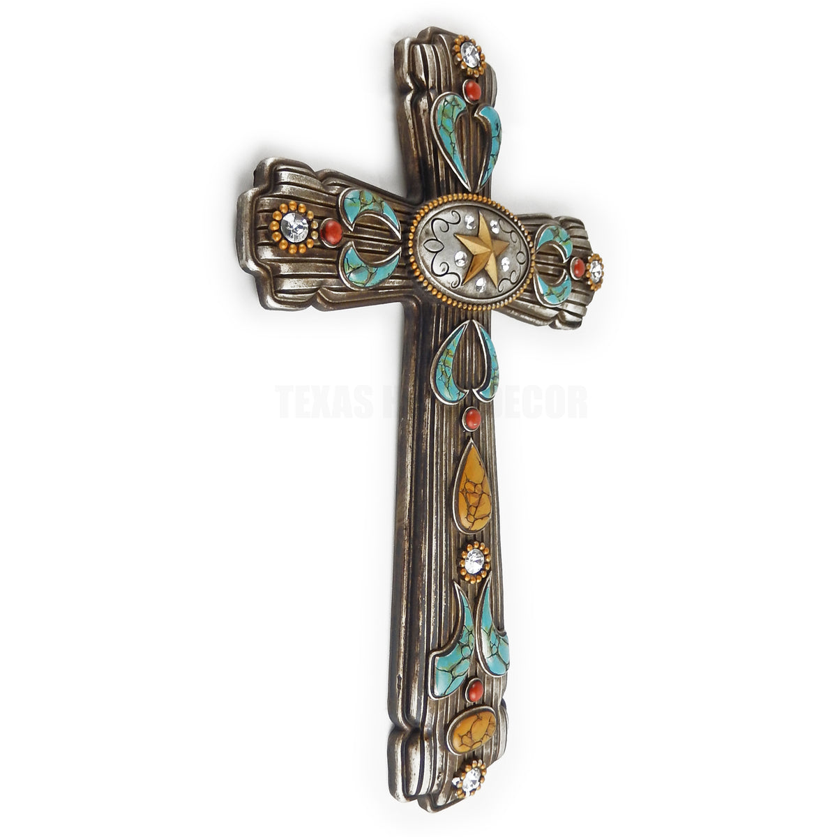 Western Southwestern Wall Cross Faux Turquoise Coral Rhinestones Texas Star 18"