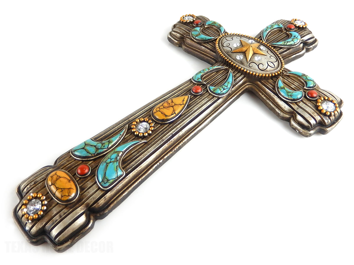 Western Southwestern Wall Cross Faux Turquoise Coral Rhinestones Texas Star 18"