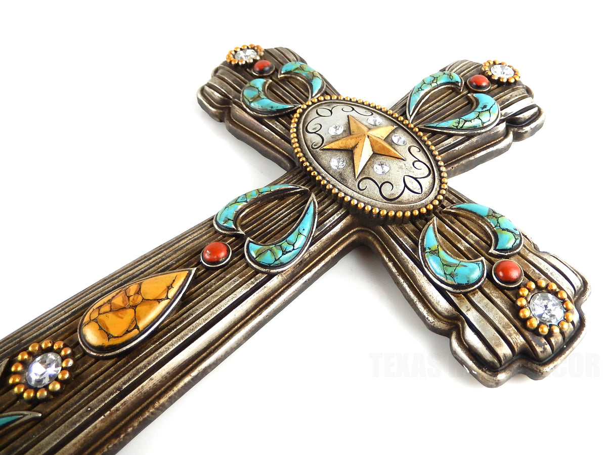 Western Southwestern Wall Cross Faux Turquoise Coral Rhinestones Texas Star 18"