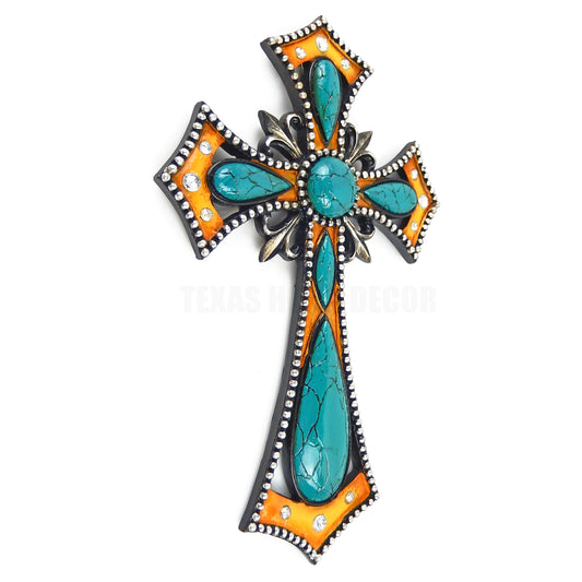Turquoise Fleur De lis Decorative Wall Cross Rhinestones Studs Rustic Western