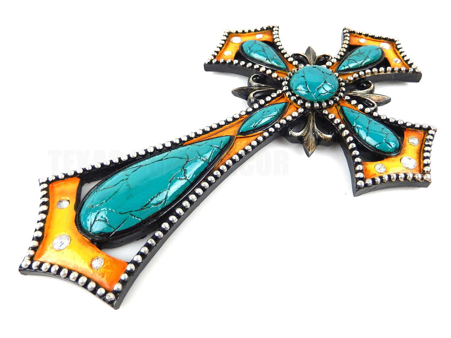 Turquoise Fleur De lis Decorative Wall Cross Rhinestones Studs Rustic Western