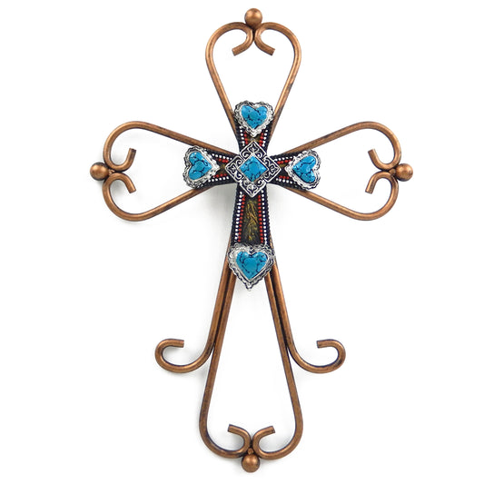 Scrolls Metal Layered Wall Cross Painted Turquoise Heart Diamonds 12 inch