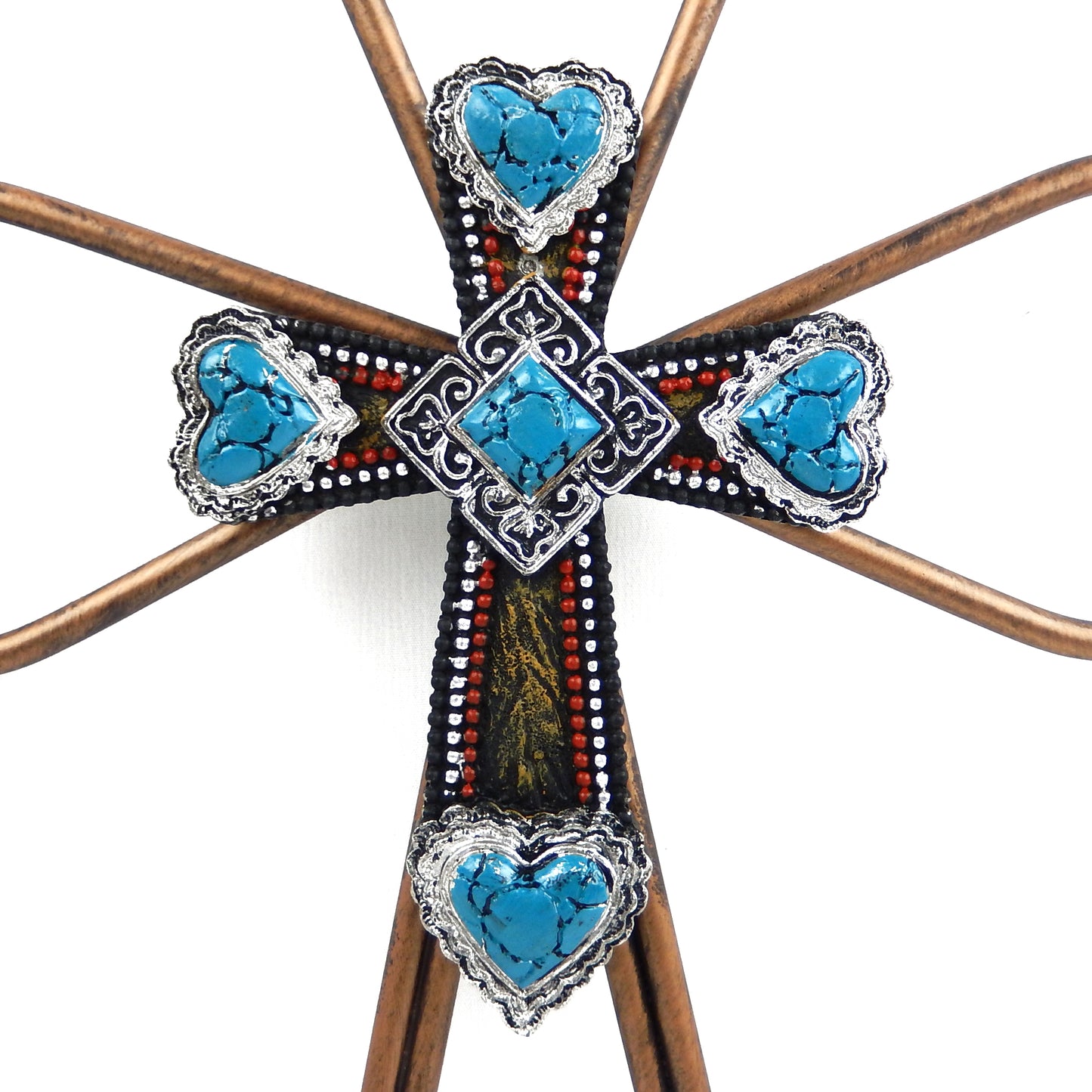 Scrolls Metal Layered Wall Cross Painted Turquoise Heart Diamonds 12 inch