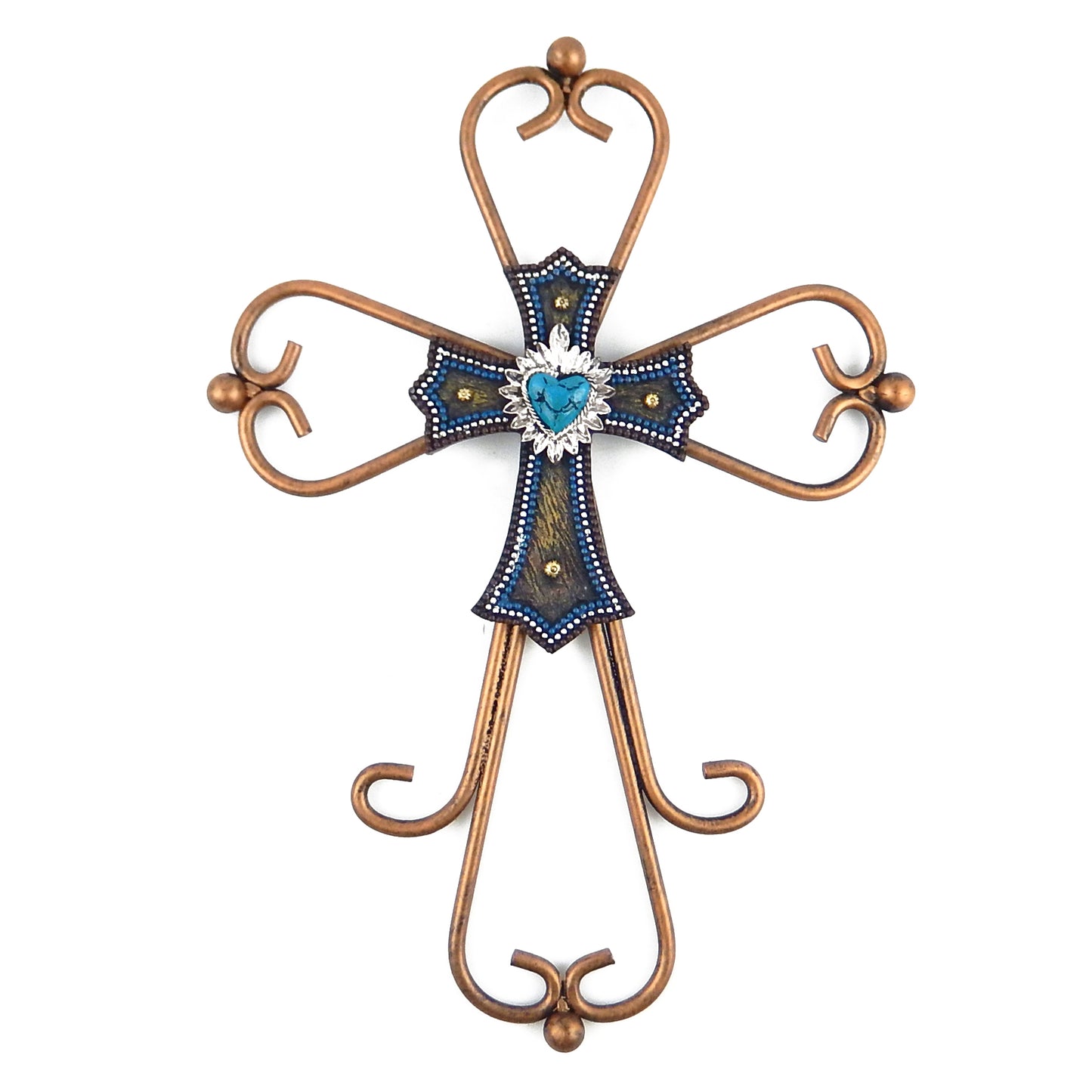 Metal Curly Wall Cross Round Bars Decorative Layered Turquoise Heart Center