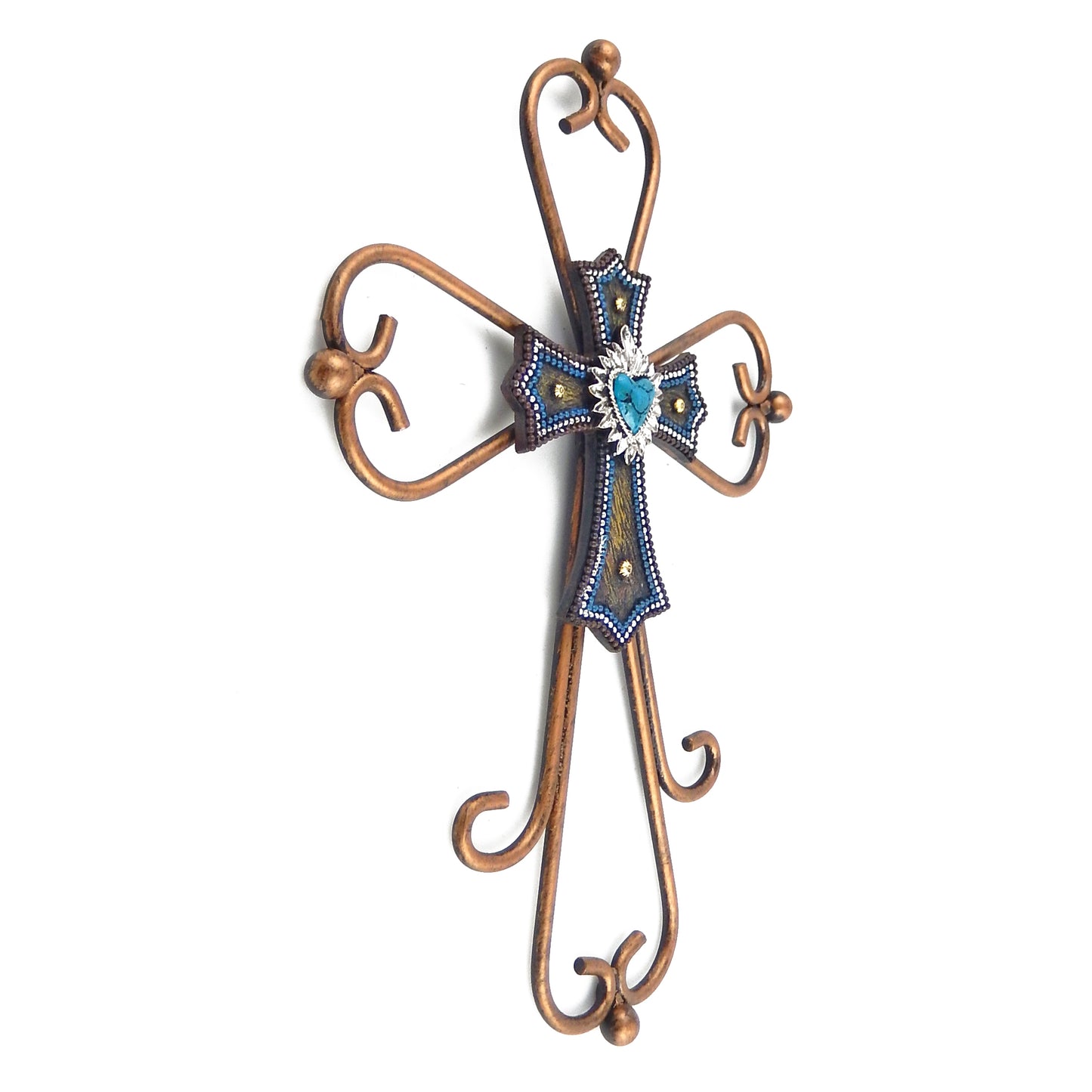 Metal Curly Wall Cross Round Bars Decorative Layered Turquoise Heart Center