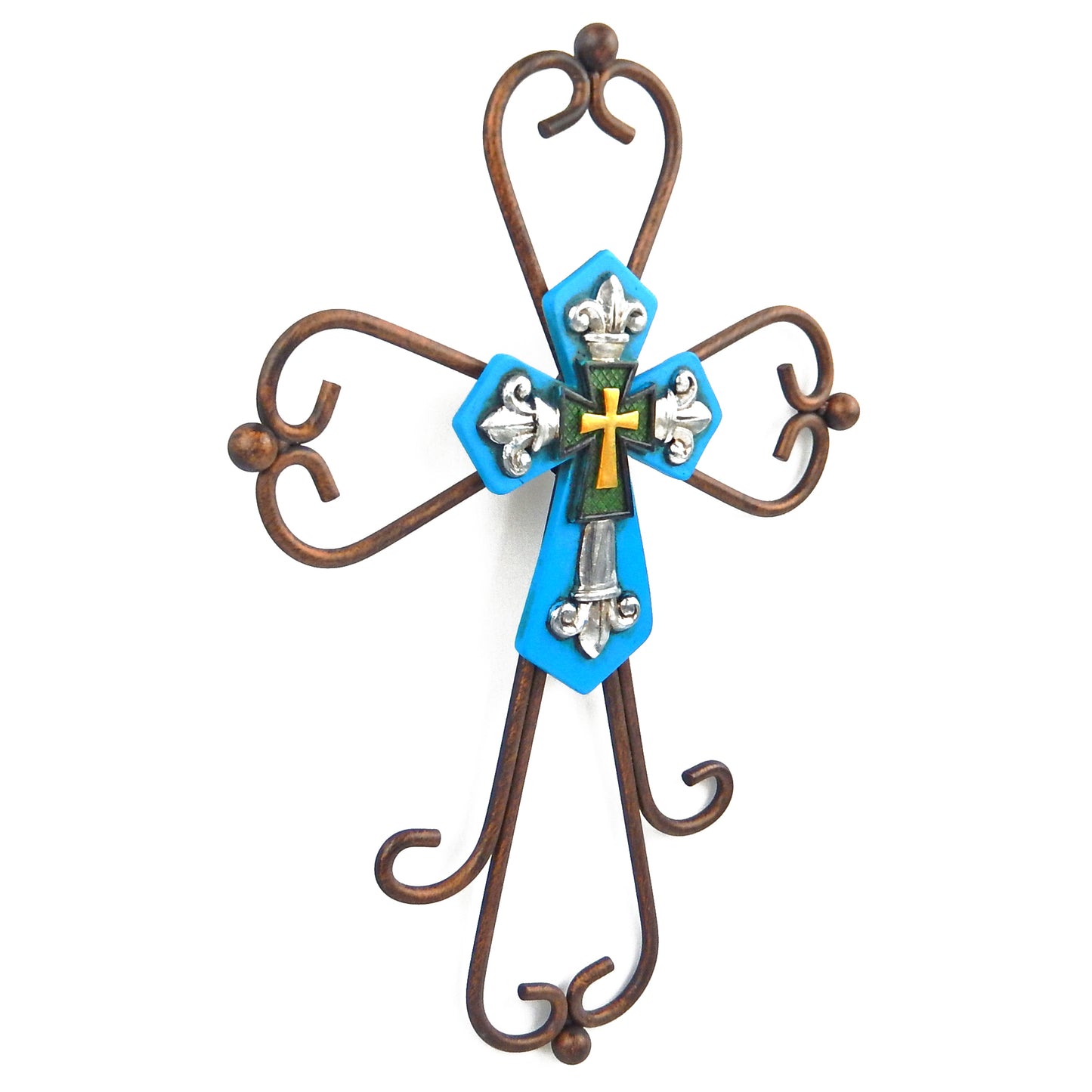 Fleur De Lis Metal Curly Wall Cross Round Bars Layered Turquoise Cross 12 inch