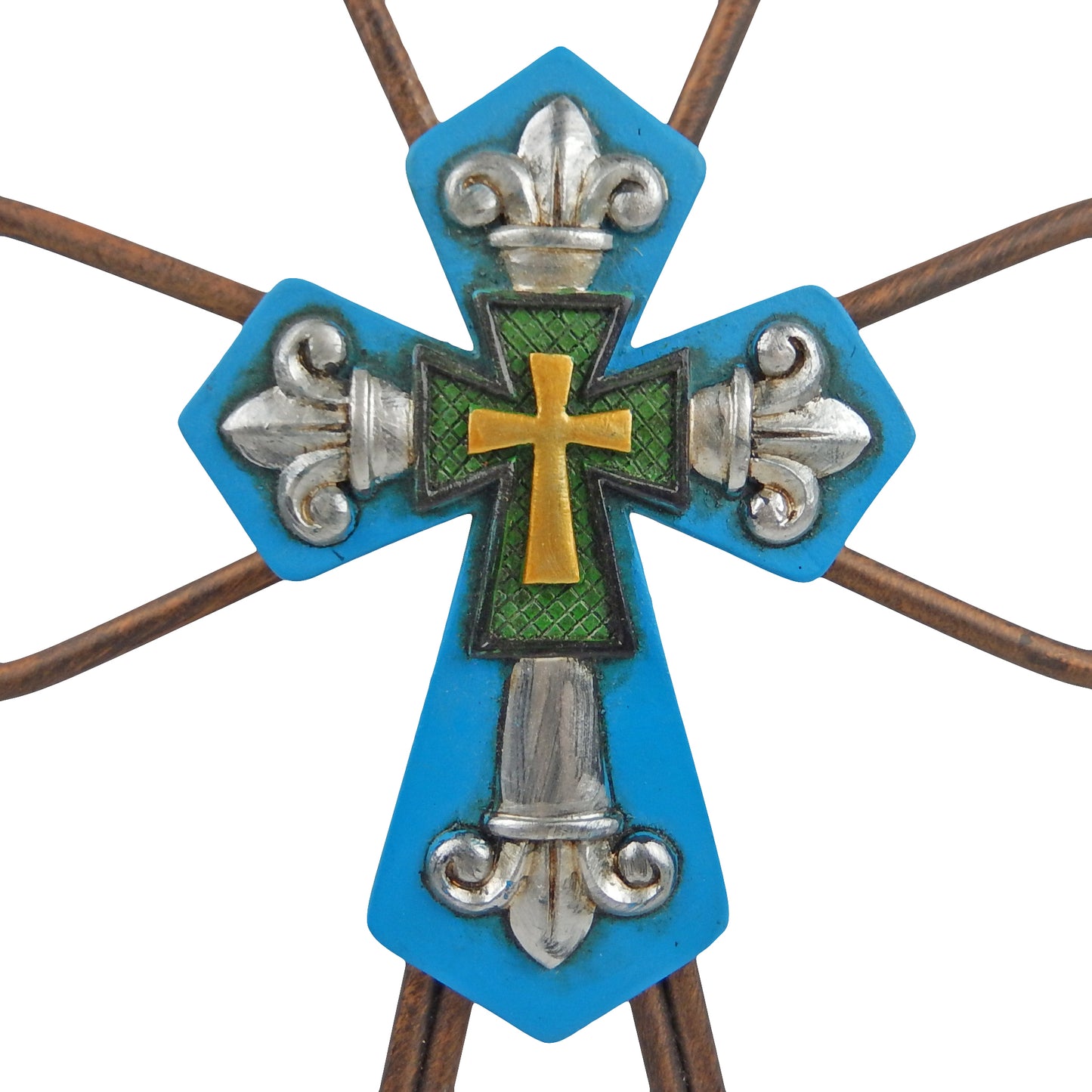 Fleur De Lis Metal Curly Wall Cross Round Bars Layered Turquoise Cross 12 inch