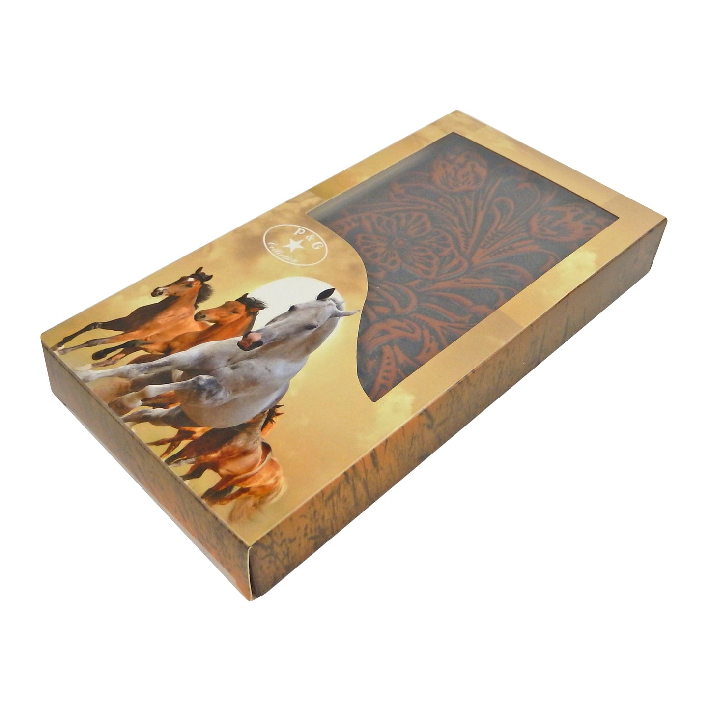 Brown Men's Bi-Fold Wallet Genuine Tooled Leather Floral Accents Woven Back