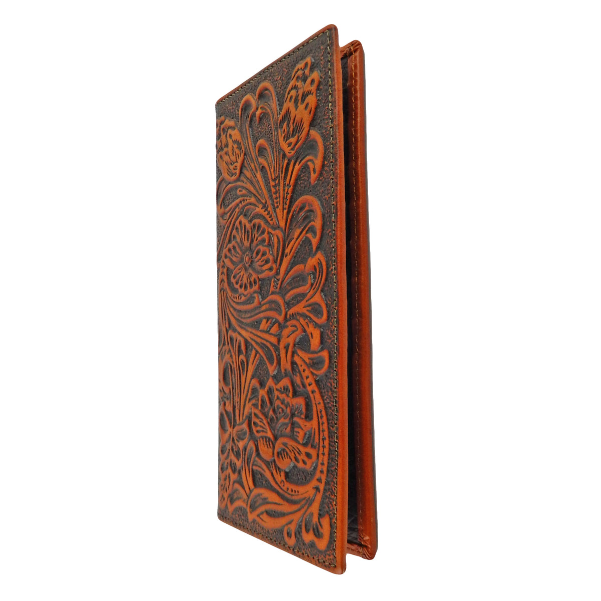 Brown Men's Bi-Fold Wallet Genuine Tooled Leather Floral Accents Woven Back