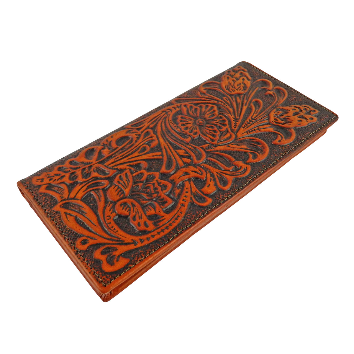 Brown Men's Bi-Fold Wallet Genuine Tooled Leather Floral Accents Woven Back