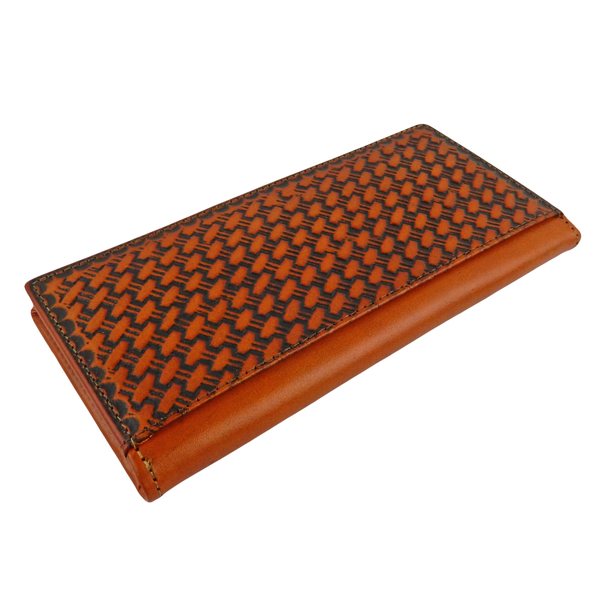 Brown Men's Bi-Fold Wallet Genuine Tooled Leather Floral Accents Woven Back