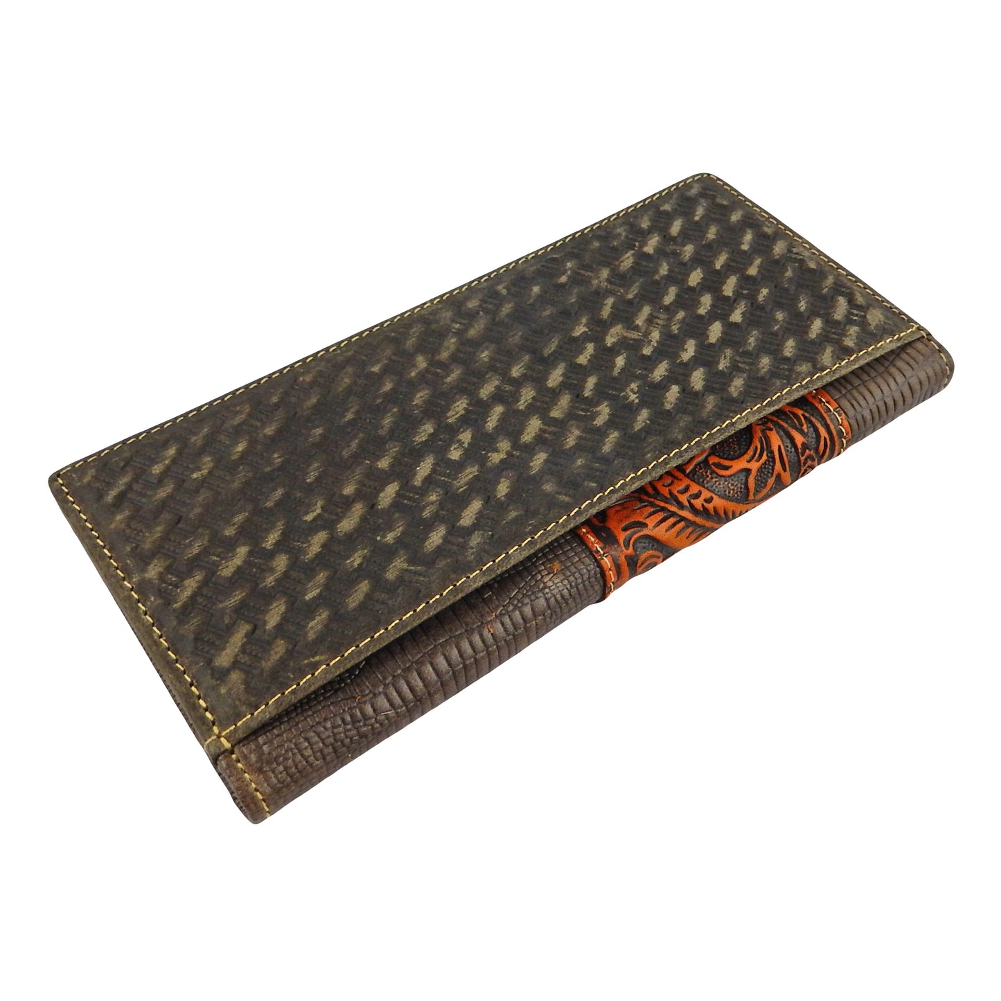 Western Bi-Fold Men's Rodeo Wallet Tooled Leather Floral Croc Texture Brown Gray